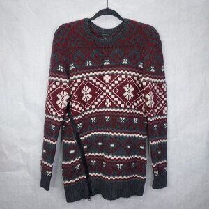 Ann Taylor Sweater Medium Gray Chianti White Snowflake Side Zip Wool Fair Isles